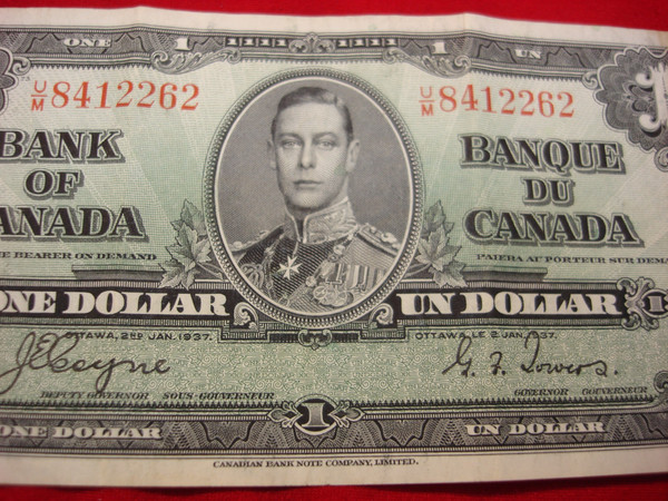 1937 Canada $1 Dollar Bill - Coyne/Towers Signature - Fine Condition