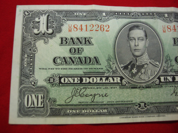 1937 Canada $1 Dollar Bill - Coyne/Towers Signature - Fine Condition