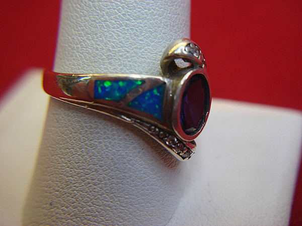 Sterling Silver Amethyst & Blue Fire Opal Ring with CZ Accents - Size 10, Pre-Owned (Excellent Condition)