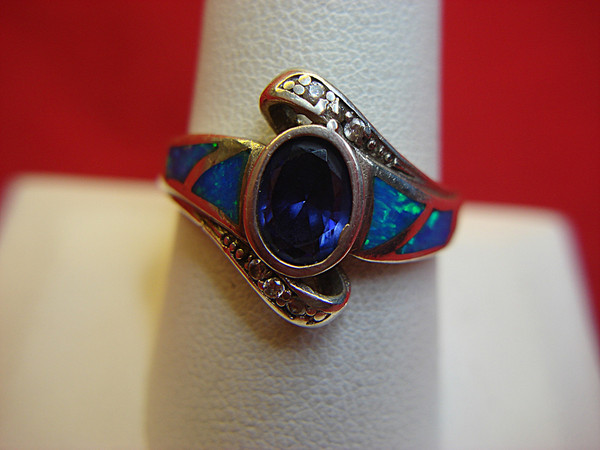 Sterling Silver Amethyst & Blue Fire Opal Ring with CZ Accents - Size 10, Pre-Owned (Excellent Condition)