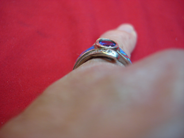 Sterling Silver Amethyst & Blue Fire Opal Ring with CZ Accents - Size 10, Pre-Owned (Excellent Condition)