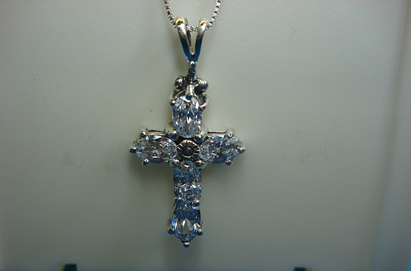 Sterling Silver Diamond Simulant Cross Pendant Necklace - 18 Inch Chain
