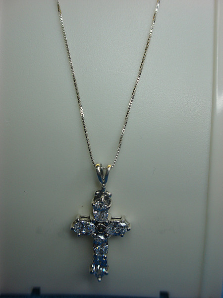 Sterling Silver Diamond Simulant Cross Pendant Necklace - 18 Inch Chain