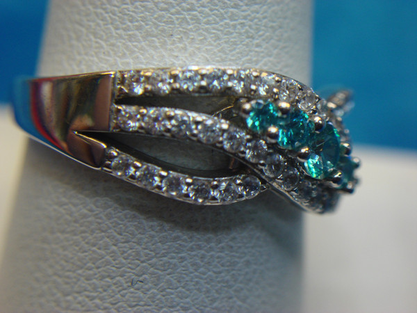 Sterling Silver Ring with Blue Gemstones & CZ Stones - Size 10