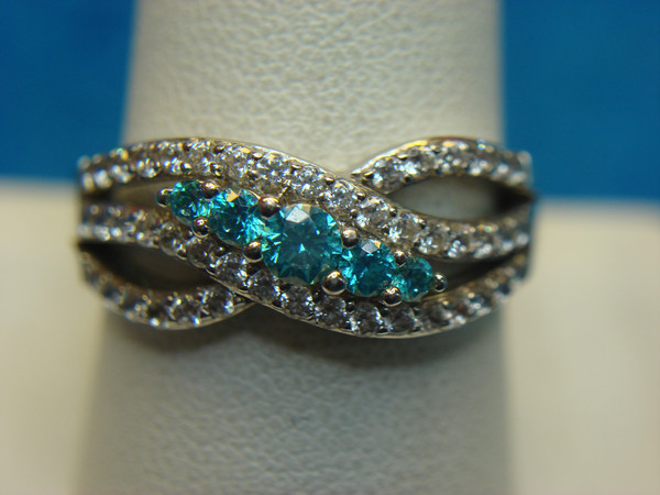 Sterling Silver Ring with Blue Gemstones & CZ Stones - Size 10