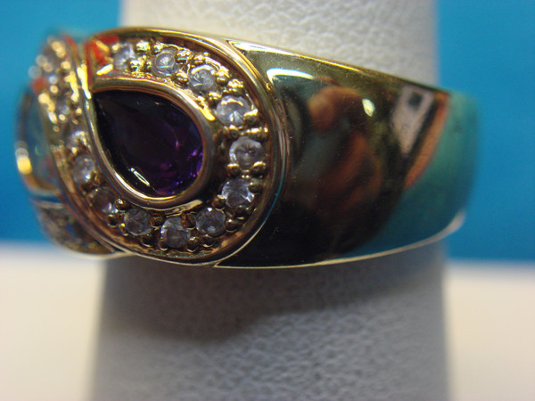 Gold Vermeil Sterling Silver Ring with Diamond Simulants & Purple/Citrine Stones - Size 8