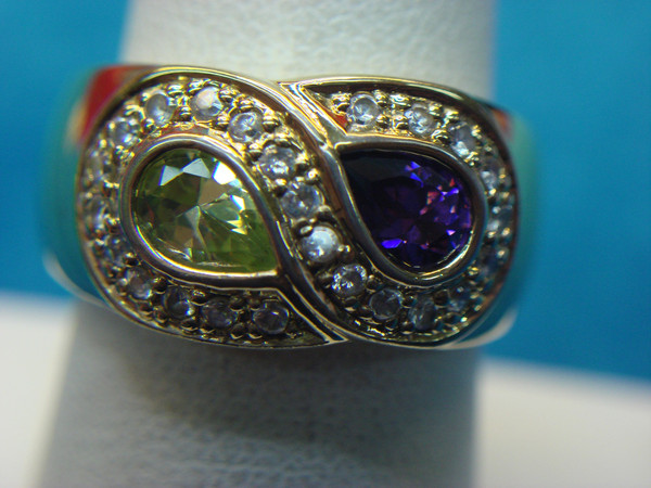 Gold Vermeil Sterling Silver Ring with Diamond Simulants & Purple/Citrine Stones - Size 8