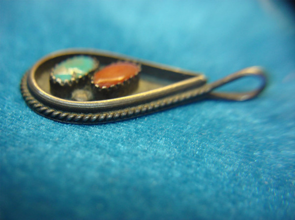 Vintage Angelita Native American Silver Turquoise & Coral Pendant