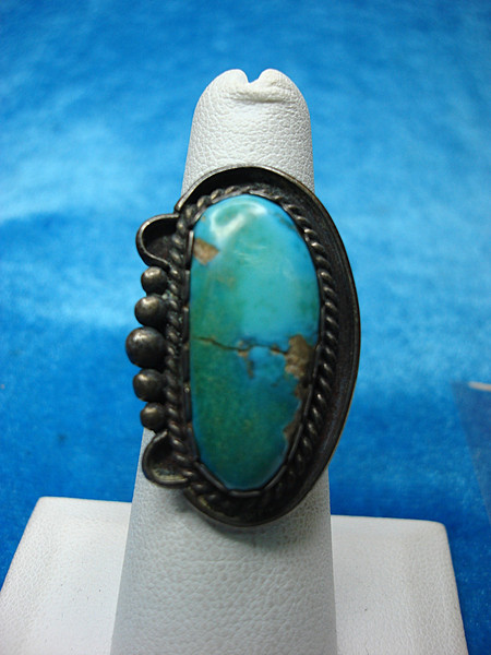 Vintage Native American Silver Ring with Large Turquoise Stone - Marked'IZ' (Size 6 1/4)