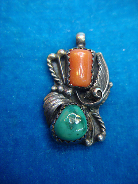 Vintage Navajo Sterling Silver Pendant with Coral & Turquoise - Unique Southwestern Jewelry