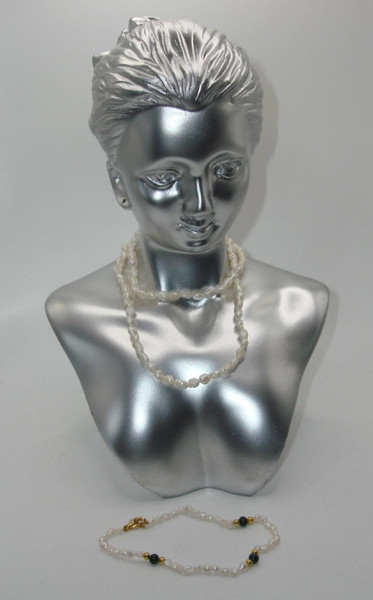 Vintage Freshwater Pearl Choker & Bracelet Set with Jadeite Beads - Gold Tone