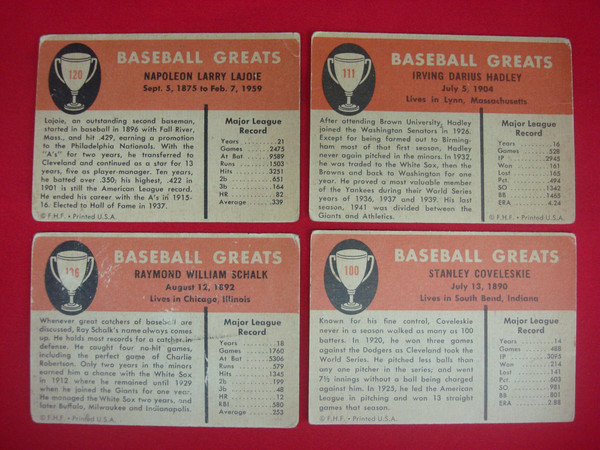 Vintage 1961 Fleer Baseball Greats Card Lot (Lajoie, Hadley, Schalk, Coveleskie)
