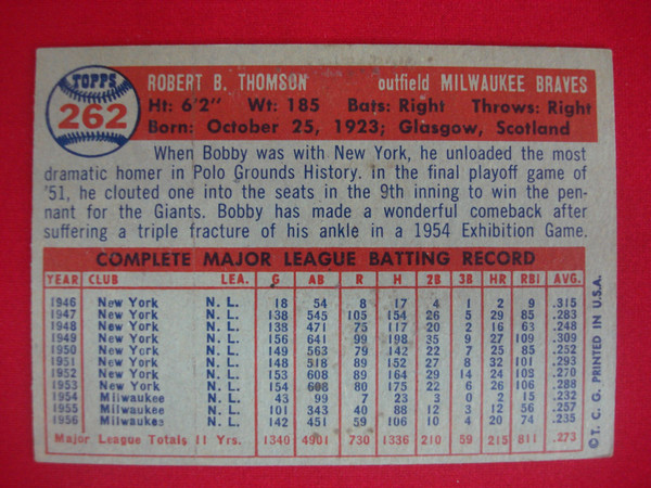 1957 Topps Bobby Thomson #262 Milwaukee Braves Baseball Card - Vintage Trading Card