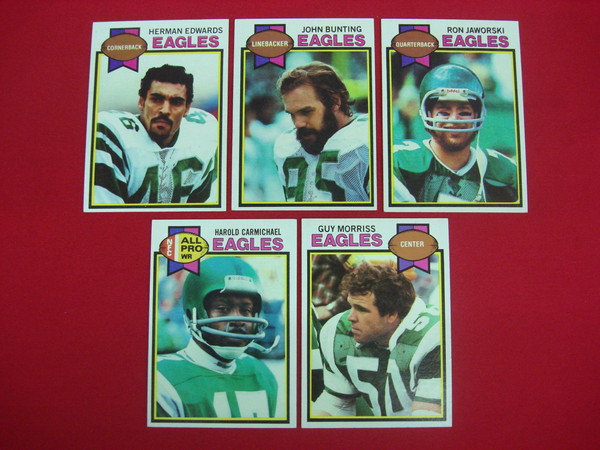Vintage 1979 Topps Football Cards: Eagles Carmichael, Jaworski, Bunting (5-Card Lot)