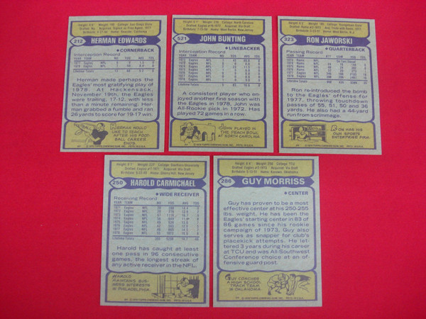 Vintage 1979 Topps Football Cards: Eagles Carmichael, Jaworski, Bunting (5-Card Lot)