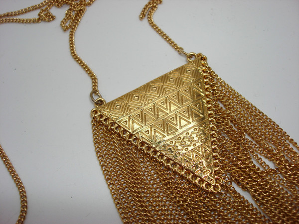 Vintage Gold Tone Egyptian Fringe Pendant Necklace - 27