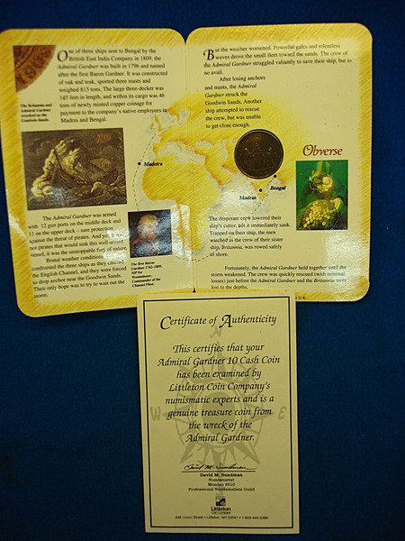 1808 East India Company Cash Coin from Admiral Gardner Wreck - Littleton Coin Co. (Info Folder)