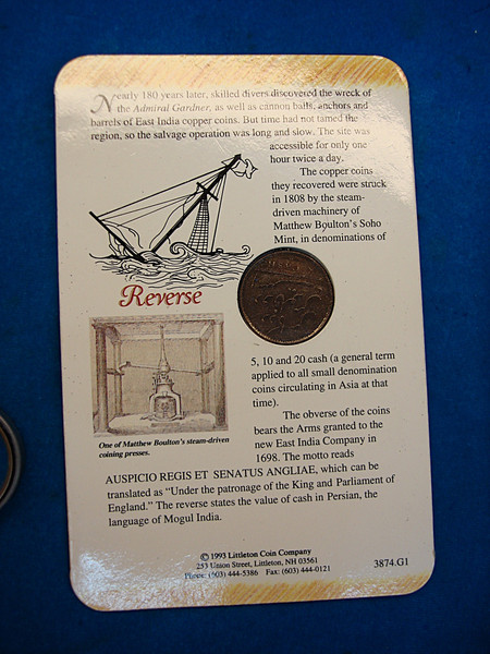 1808 East India Company Cash Coin from Admiral Gardner Wreck - Littleton Coin Co. (Info Folder)