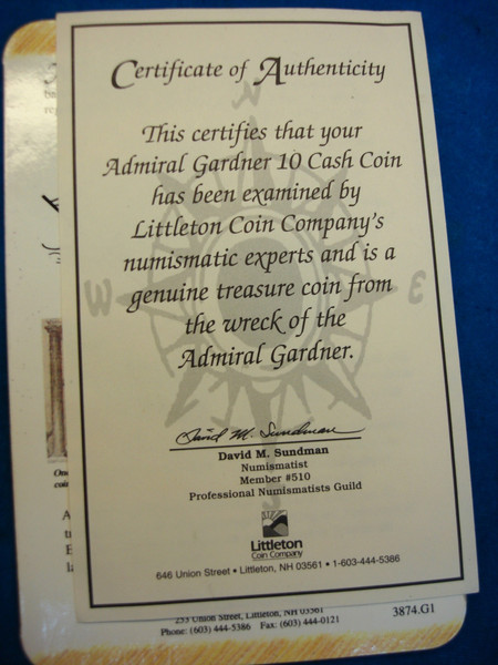 1808 East India Company Cash Coin from Admiral Gardner Wreck - Littleton Coin Co. (Info Folder)