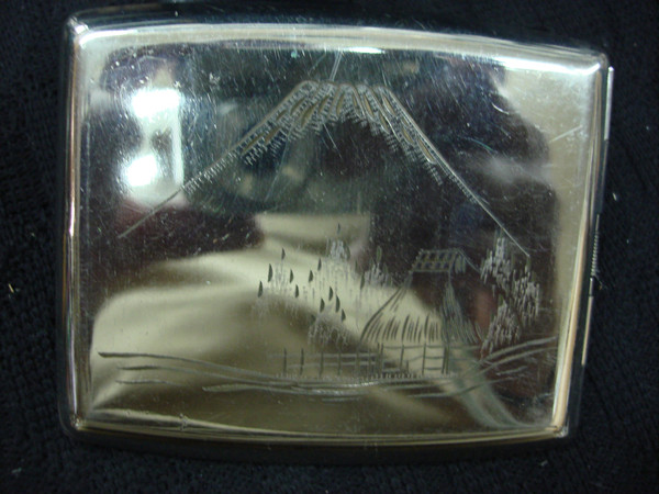 Vintage Engraved Cigarette Case - Oriental Mountain Scene, Stainless Steel or Nickel