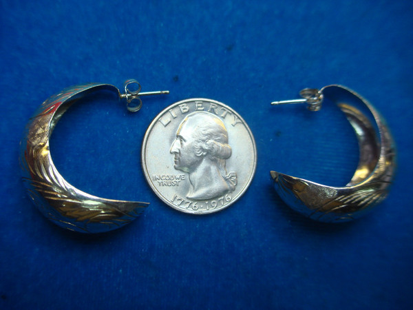 Sterling Silver Half Hoop Earrings - Unique Pattern Design | .925 Silver, Pre-Owned