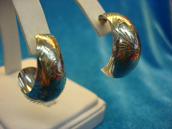 Sterling Silver Half Hoop Earrings - Unique Pattern Design | .925 Silver, Pre-Owned