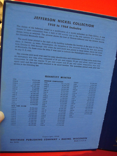 Whitman Classic Album #9410 - Jefferson Nickel Collection 1938-1964 (P-D-S) - Used