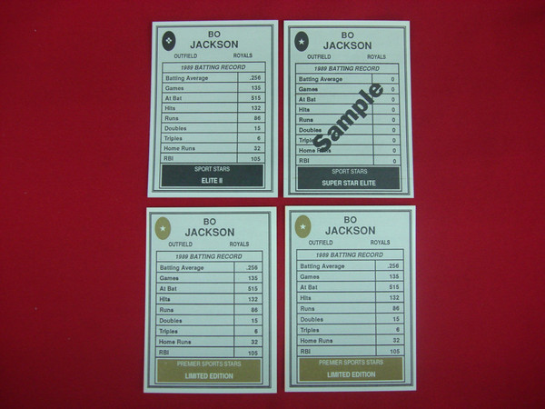 BO JACKSON Premier & Sport Stars Broder Type Baseball Cards - 4 Card Lot (Super Star Elite & Elite II)