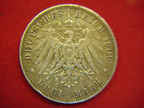 1909 E Germany (Saxony) 3 Mark Silver Coin (.900 Fine) - Detailed & Historic Numismatic Collectible