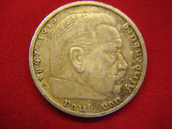 1936 A Germany 5 Mark Silver Coin - Berlin Mint ( .900 Fine, Light Circulation)
