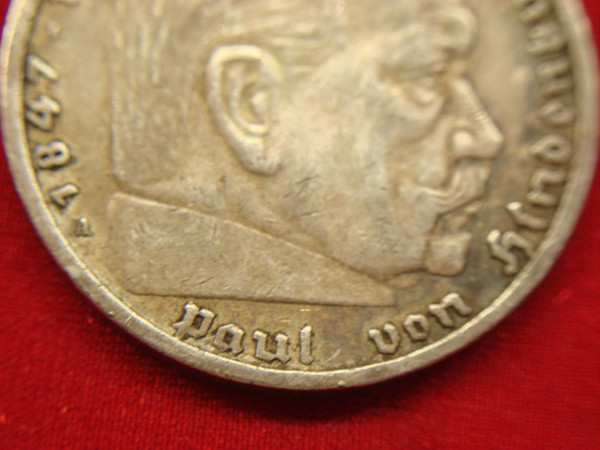 1936 A Germany 5 Mark Silver Coin - Berlin Mint ( .900 Fine, Light Circulation)