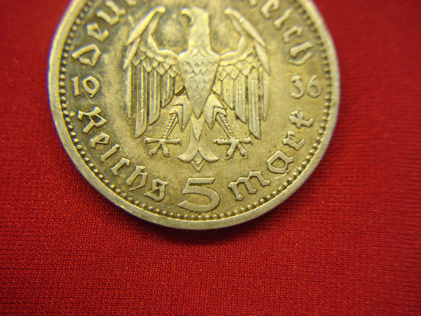 1936 A Germany 5 Mark Silver Coin - Berlin Mint ( .900 Fine, Light Circulation)