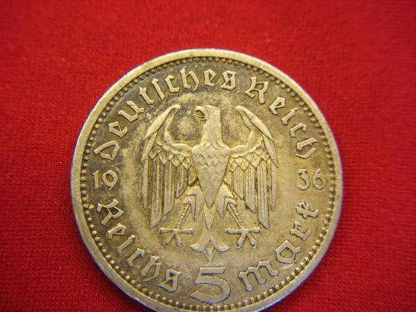 1936 A Germany 5 Mark Silver Coin - Berlin Mint ( .900 Fine, Light Circulation)
