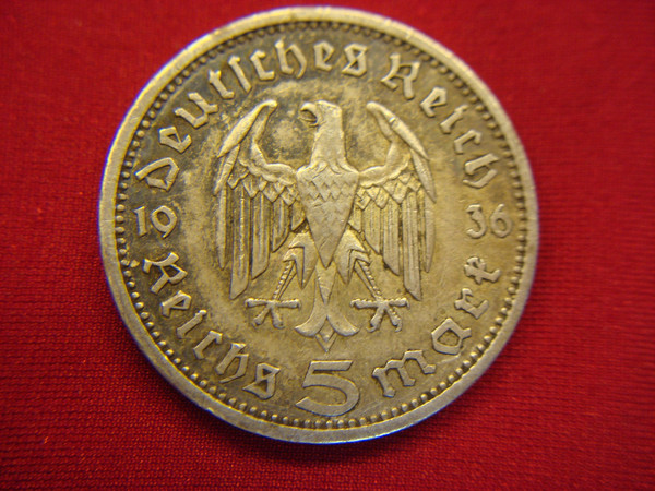 1936 A Germany 5 Mark Silver Coin - Berlin Mint ( .900 Fine, Light Circulation)