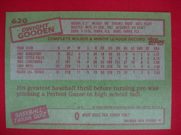 1985 Topps Dwight Gooden Rookie Card #620 RC - NY Mets - Gem Mint Condition