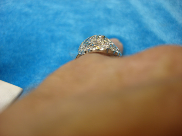 Sterling Silver Filigree Ring with Diamonds - Size 9, Pre-Owned Excellent Condition