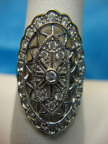 Sterling Silver Filigree Ring with Diamonds - Size 9, Pre-Owned Excellent Condition