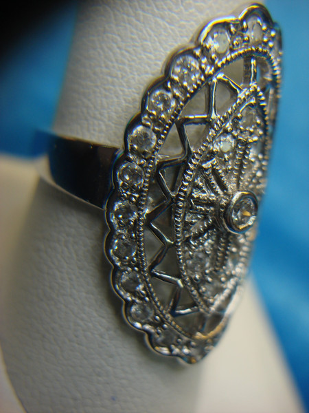 Sterling Silver Filigree Ring with Diamonds - Size 9, Pre-Owned Excellent Condition
