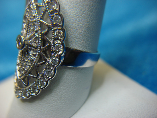 Sterling Silver Filigree Ring with Diamonds - Size 9, Pre-Owned Excellent Condition