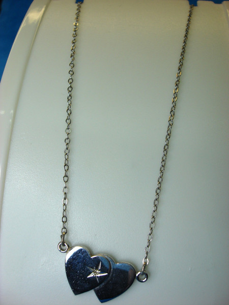 Sterling Silver Double Heart Diamond Pendant Necklace - Pre-Owned, Excellent Condition
