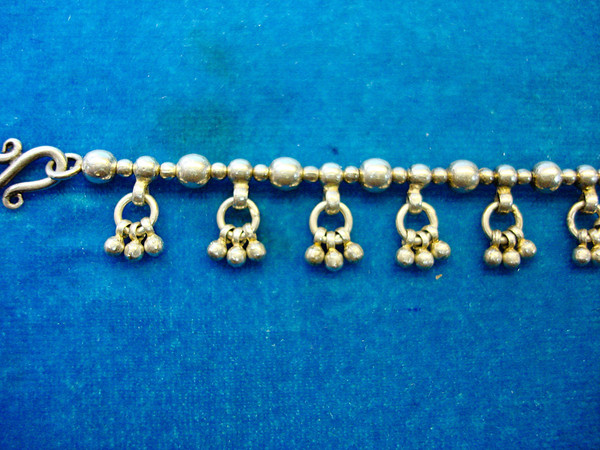 Vintage Sterling Silver Beaded Anklet - Handmade India (10.5