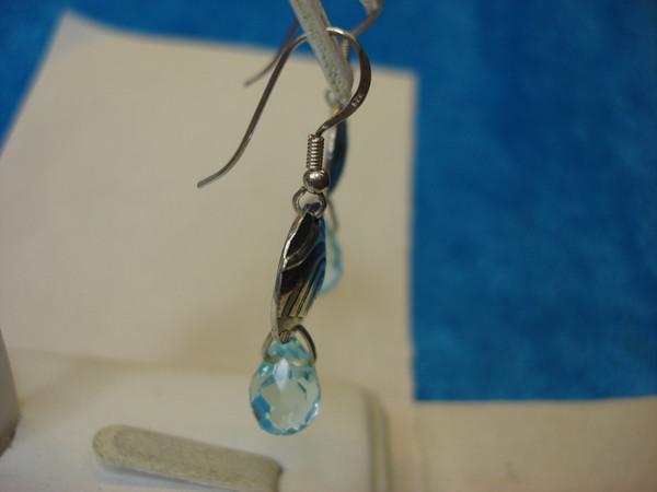 Sterling Silver Aqua Sea Glass Dangle Earrings - 925 Authentic, Faceted Pendants