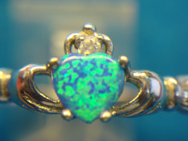 Sterling Silver Claddagh Ring with Blue Opal & Diamond, Size 12