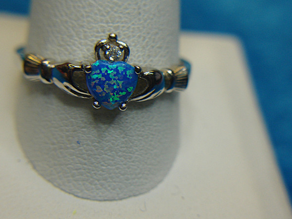 Sterling Silver Claddagh Ring with Blue Opal & Diamond, Size 12