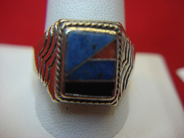Vintage Native American Sterling Silver Ring with Lapis, Onyx & Coral Inlay (Size 12)
