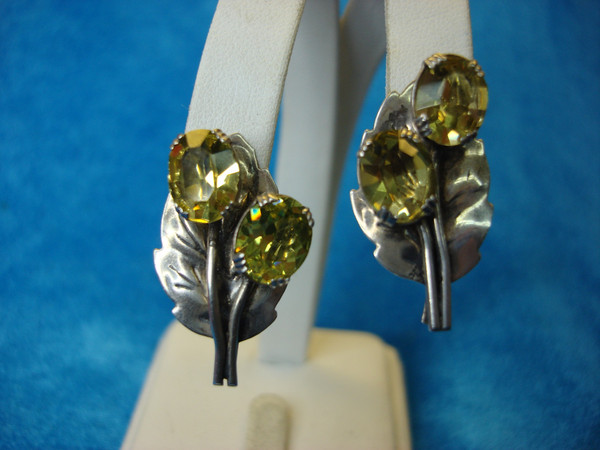Vintage Sterling Silver Leaf Earrings with Golden Citrine - 1.25