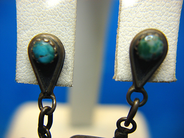Vintage Zuni Silver & Turquoise Dangle Earrings - 1 3/8