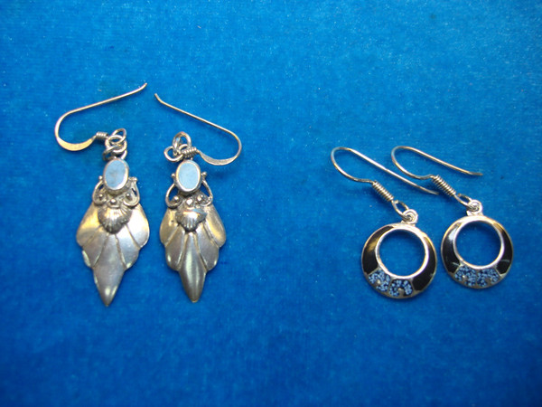 Sterling Silver Turquoise Dangle Earrings (2 Pairs) - Oval & Granule Style