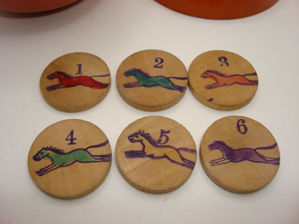 Antique 1900s Wooden Apple Horse Racing Roulette Wheel & Chips - Rare Find