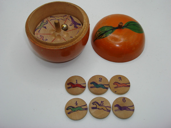 Antique 1900s Wooden Apple Horse Racing Roulette Wheel & Chips - Rare Find
